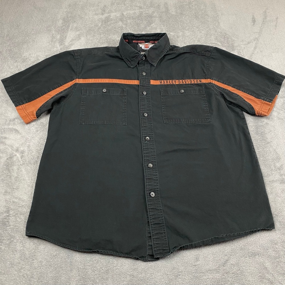 Harley Davidson Mens L Shirt Black Orange Skull Flame Stripe Button Down